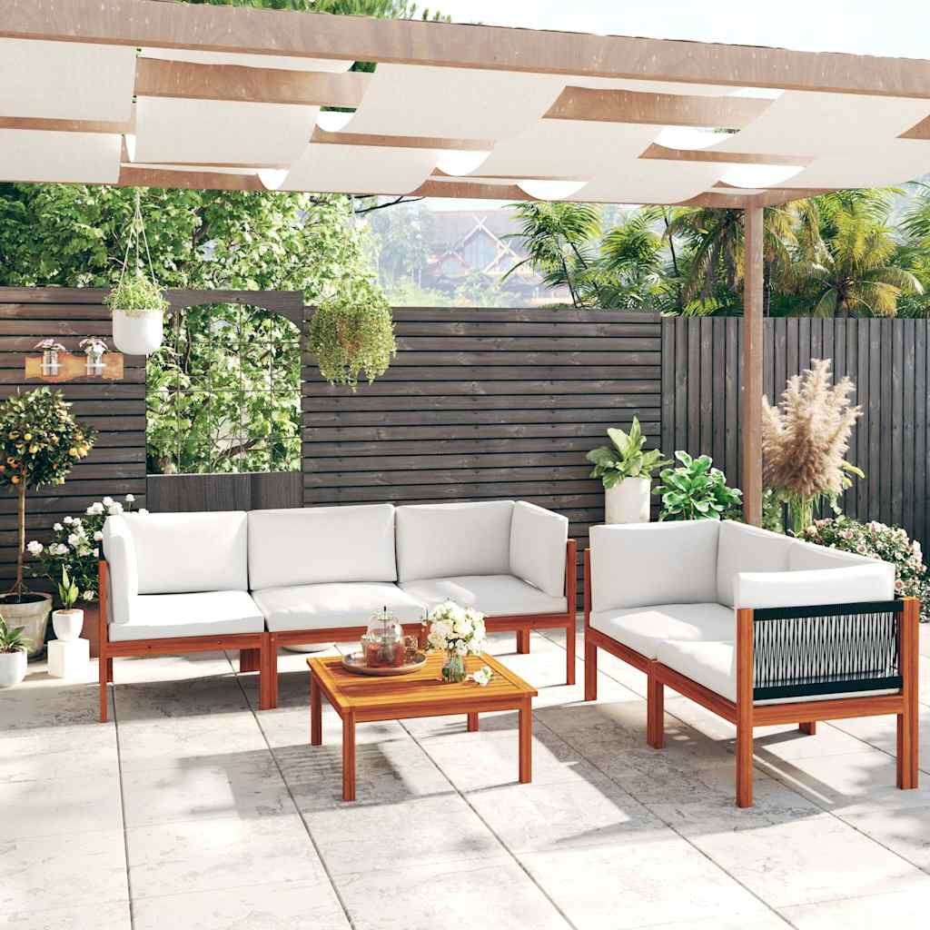 6 Piece Garden Lounge Set with Cushions Cream Wood Acacia&Rope