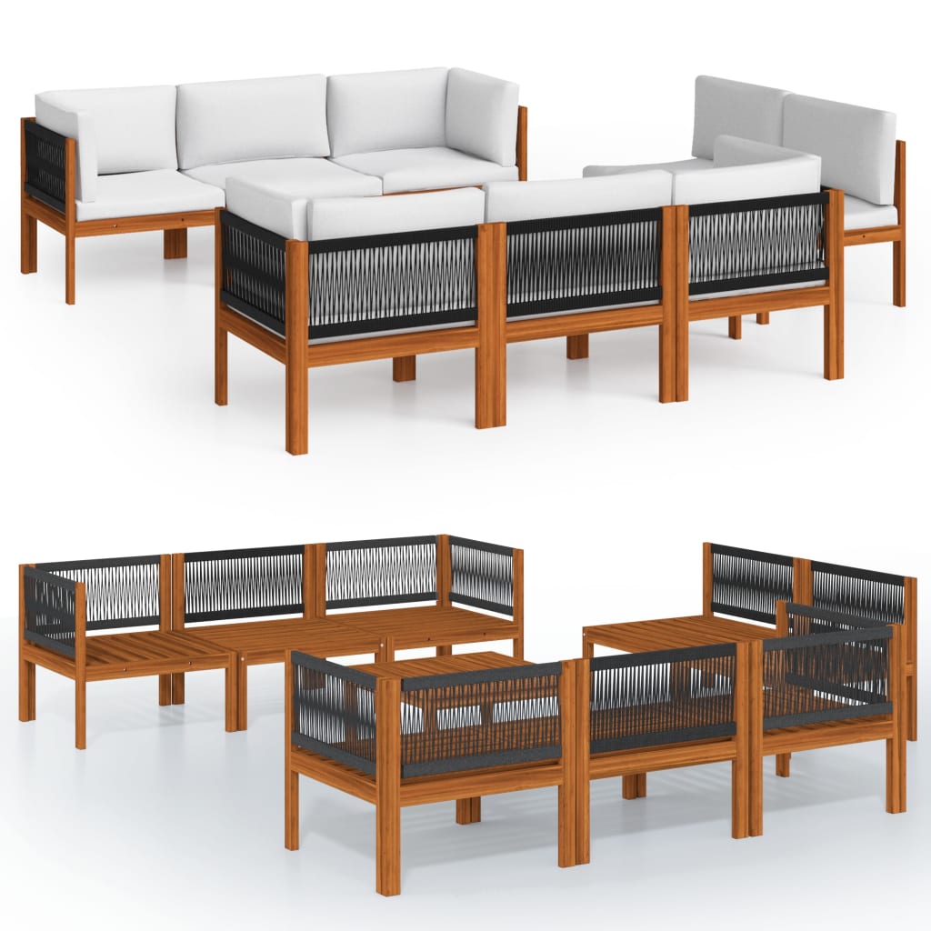 9 Piece Garden Lounge Set with Cushions Cream Wood Acacia&Rope
