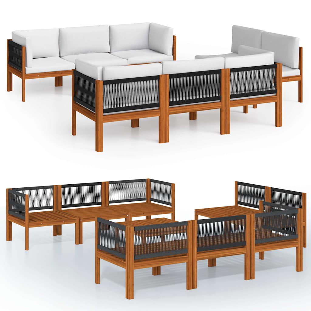 9 Piece Garden Lounge Set with Cushions Cream Wood Acacia&Rope
