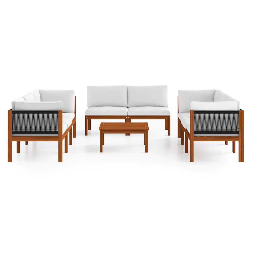 9 Piece Garden Lounge Set with Cushions Cream Wood Acacia&Rope
