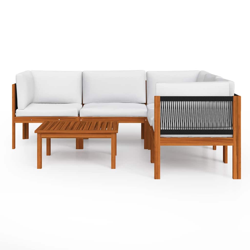 6 Piece Garden Lounge Set with Cushions Cream Wood Acacia&Rope