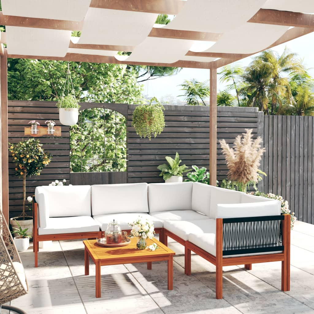 6 Piece Garden Lounge Set with Cushions Cream Wood Acacia&Rope