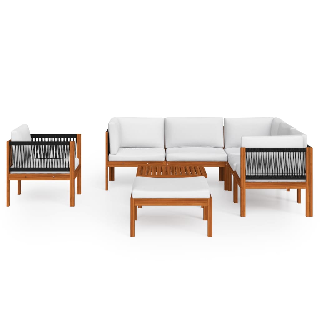 8 Piece Garden Lounge Set with Cushions Cream Wood Acacia&Rope