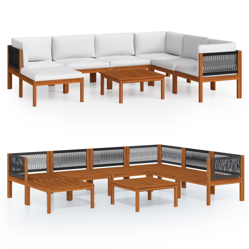 8 Piece Garden Lounge Set with Cushions Cream Wood Acacia&Rope