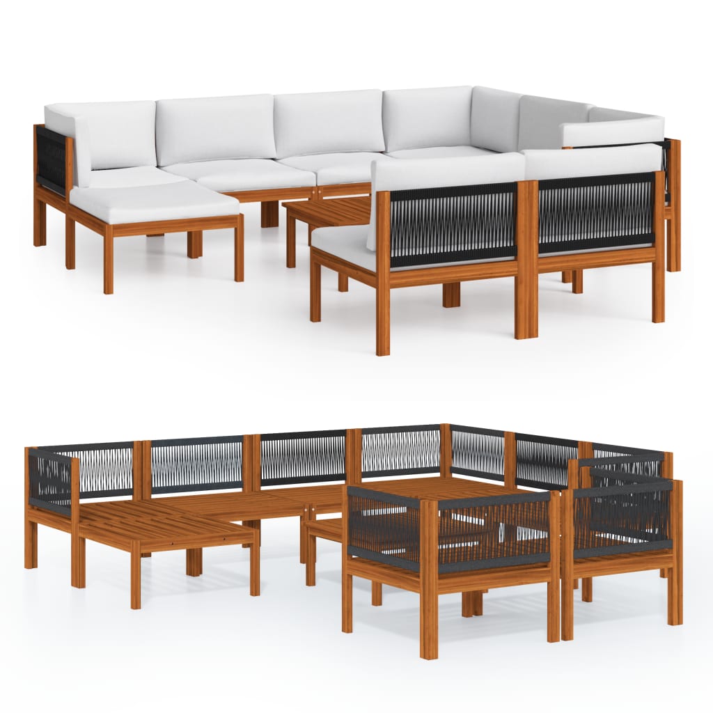 10 Piece Garden Lounge Set with Cushions Cream Wood Acacia&Rope