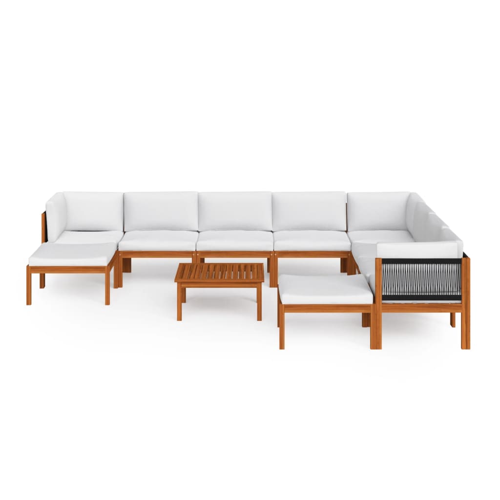 11 Piece Garden Lounge Set with Cushions Cream Wood Acacia&Rope