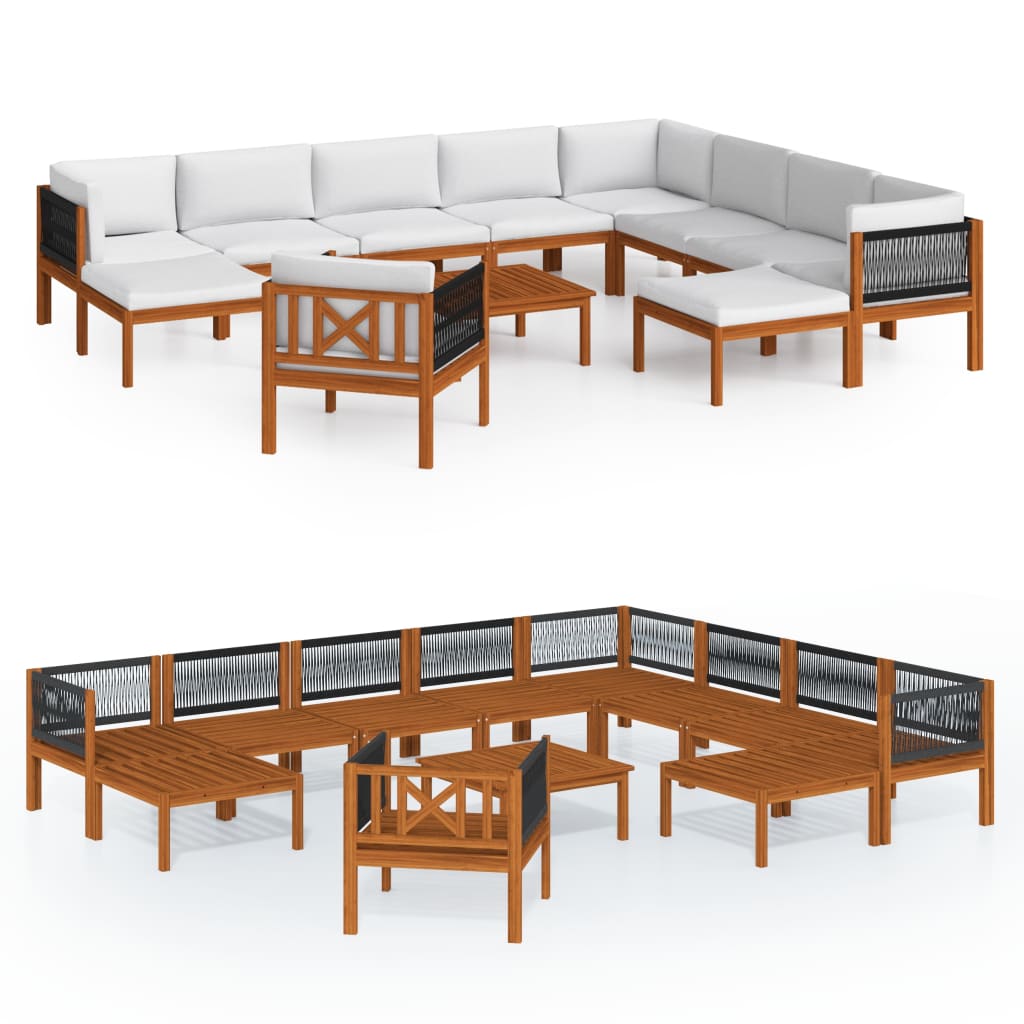 12 Piece Garden Lounge Set with Cushions Cream Wood Acacia&Rope