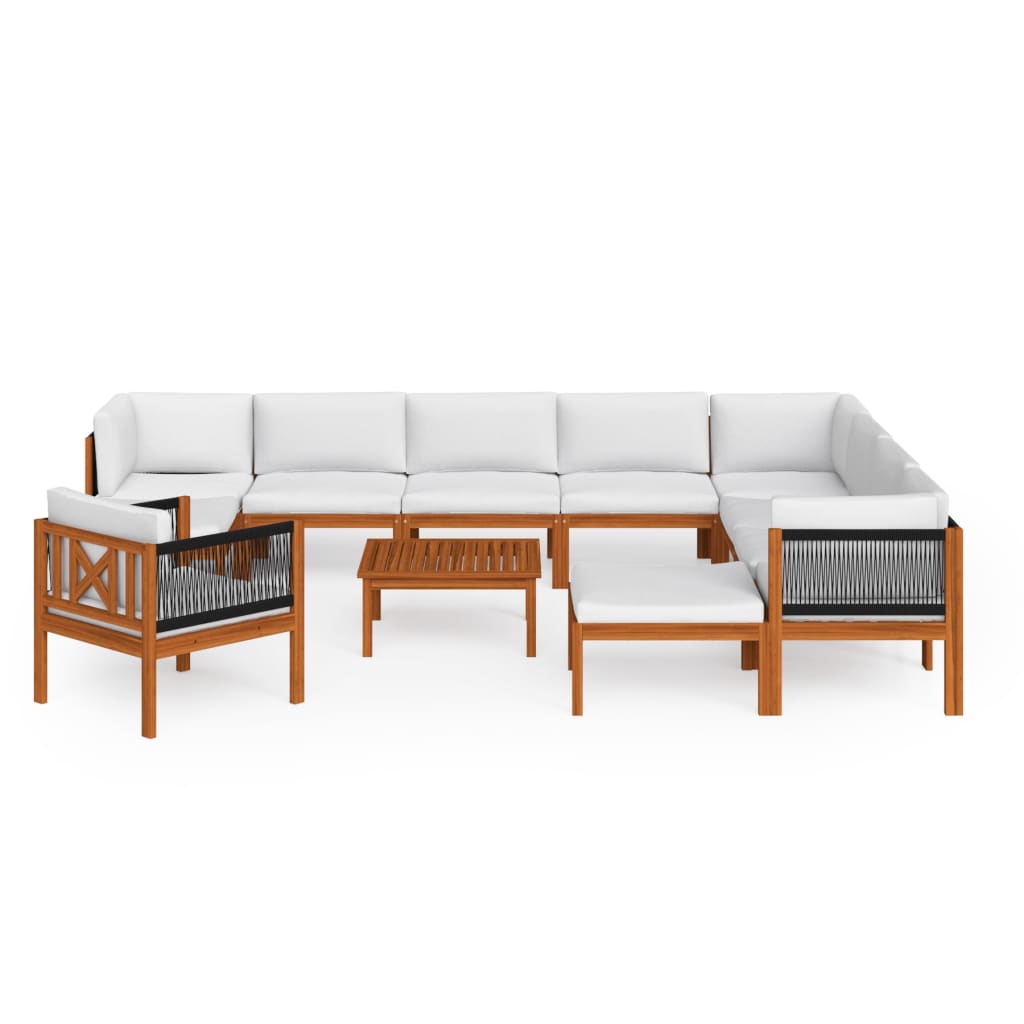 12 Piece Garden Lounge Set with Cushions Cream Wood Acacia&Rope