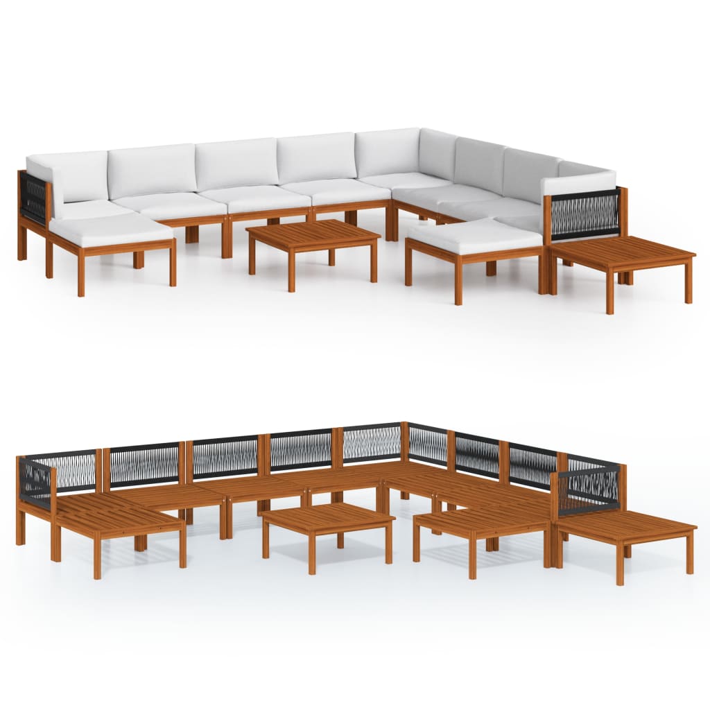 12 Piece Garden Lounge Set with Cushions Cream Wood Acacia&Rope
