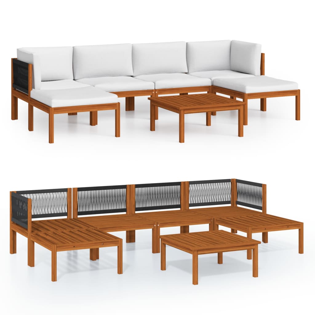 7 Piece Garden Lounge Set with Cushions Cream Wood Acacia&Rope