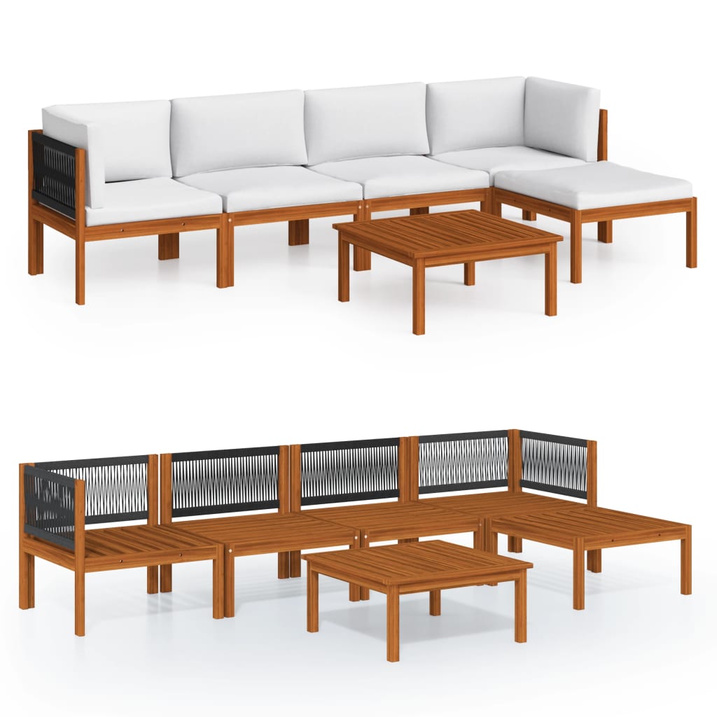 6 Piece Garden Lounge Set with Cushions Cream Wood Acacia&Rope