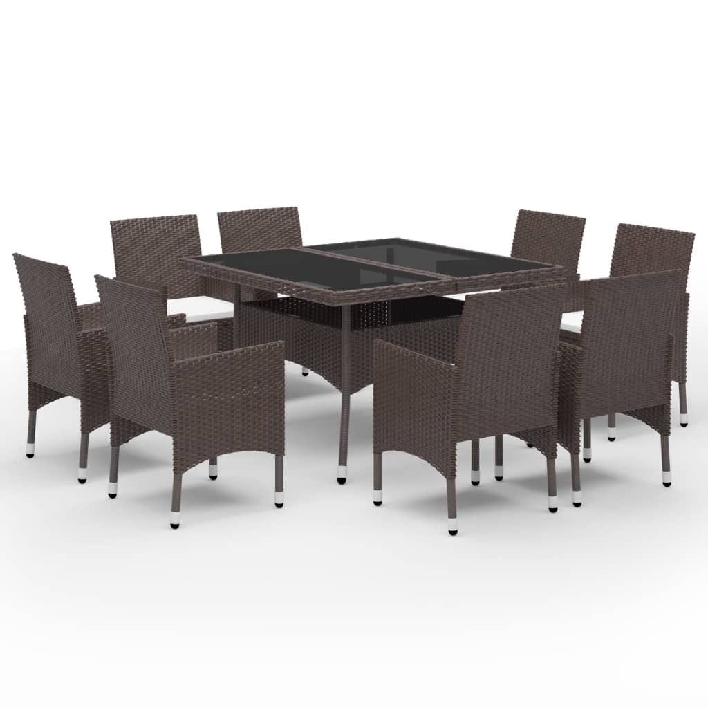 9 Piece Garden Dining Set Poly Rattan and Glass Brown