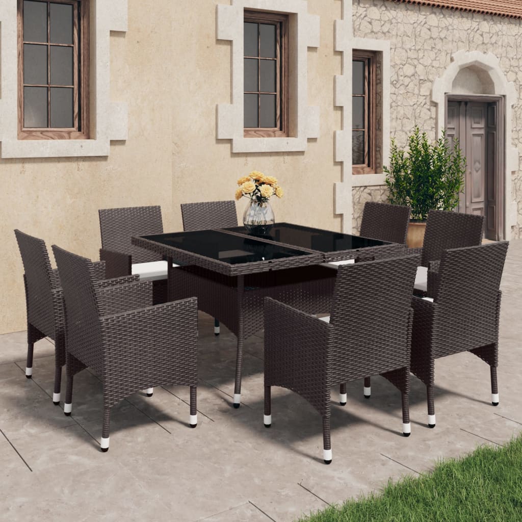 9 Piece Garden Dining Set Poly Rattan and Glass Brown