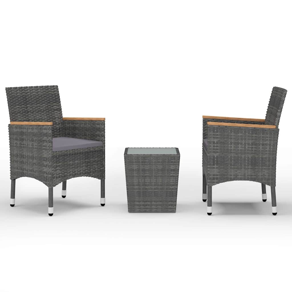 3 Piece Bistro Set Poly Rattan and Tempered Glass Grey