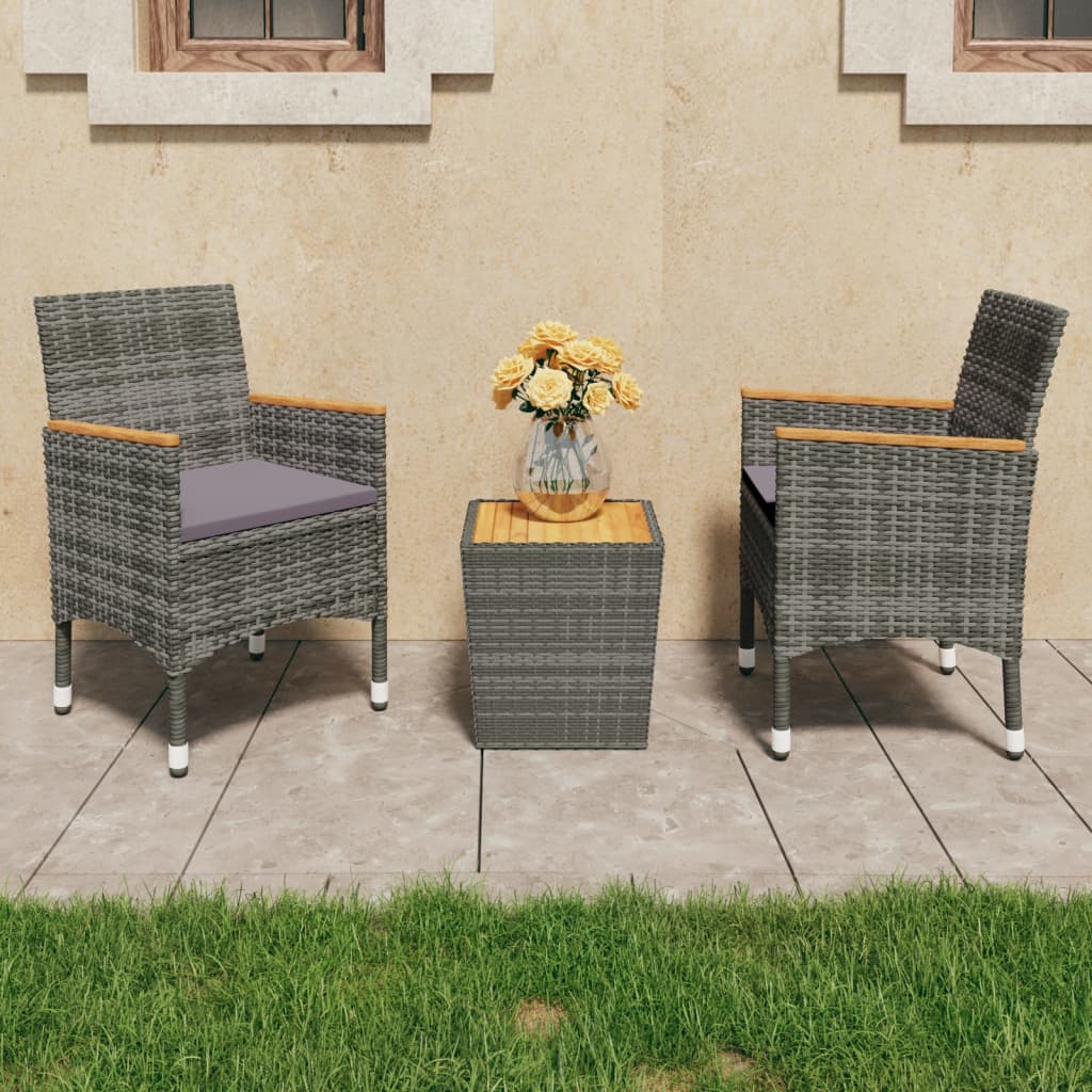 3 Piece Bistro Set Poly Rattan and Acacia Wood Grey