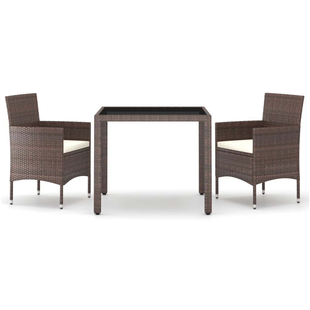 3 Piece Garden Dining Set Poly Rattan and Tempered Glass Brown