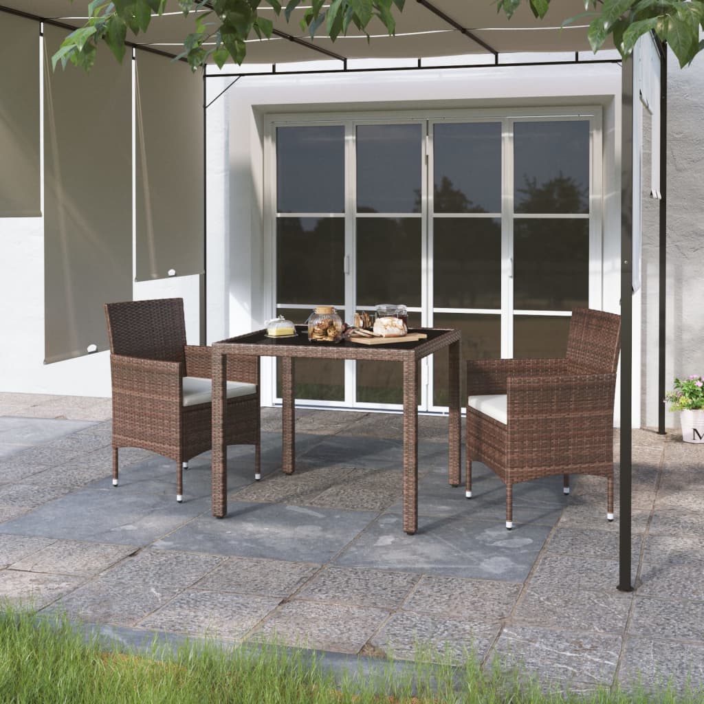 3 Piece Garden Dining Set Poly Rattan and Tempered Glass Brown
