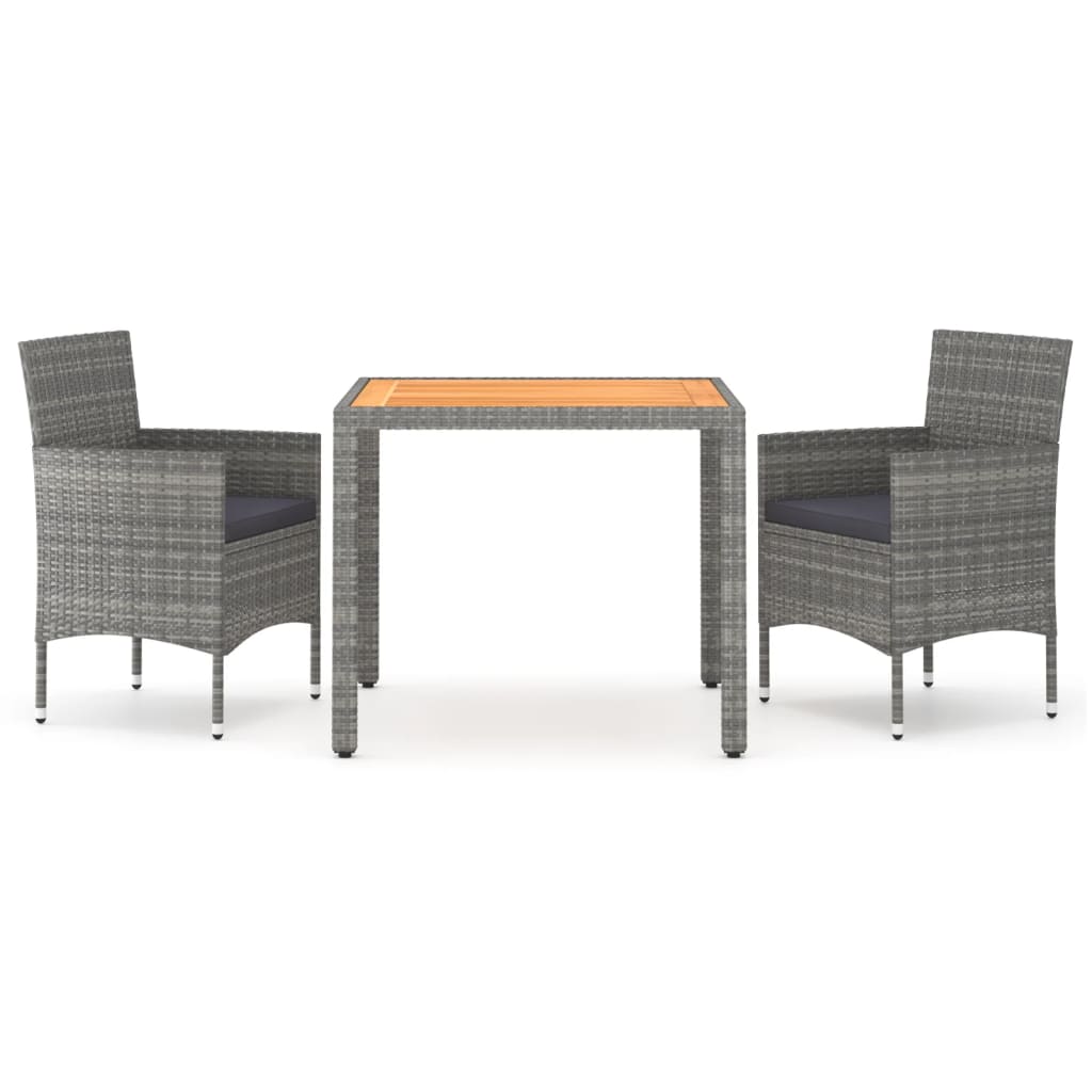 3 Piece Garden Dining Set Poly Rattan & Solid Acacia Wood Grey