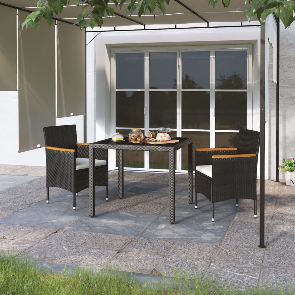 3 Piece Garden Dining Set Poly Rattan and Tempered Glass Black