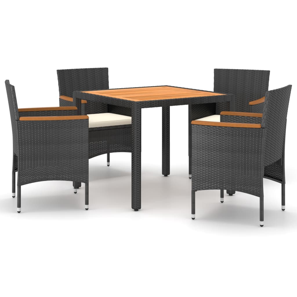 5 Piece Garden Dining Set Poly Rattan & Solid Acacia Wood Black