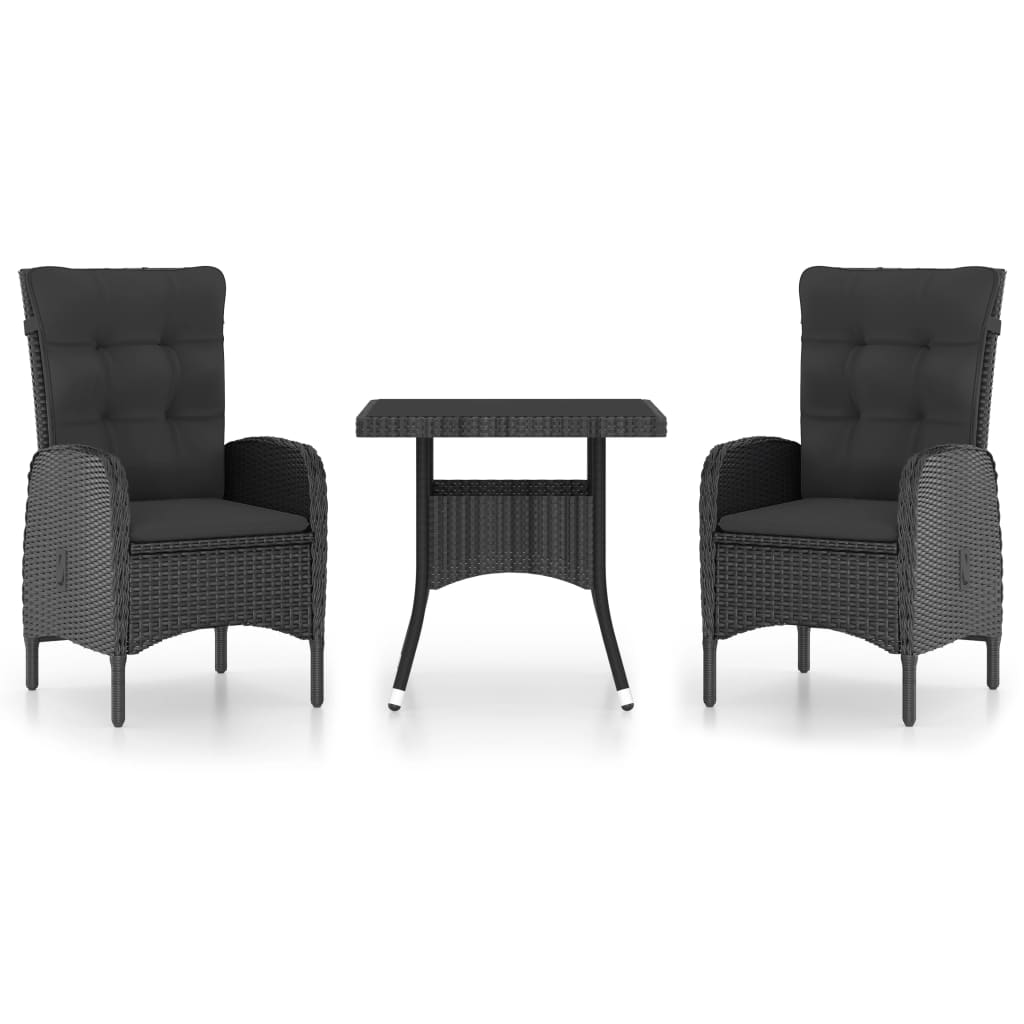 3 Piece Garden Dining Set Poly Rattan and Glass Black
