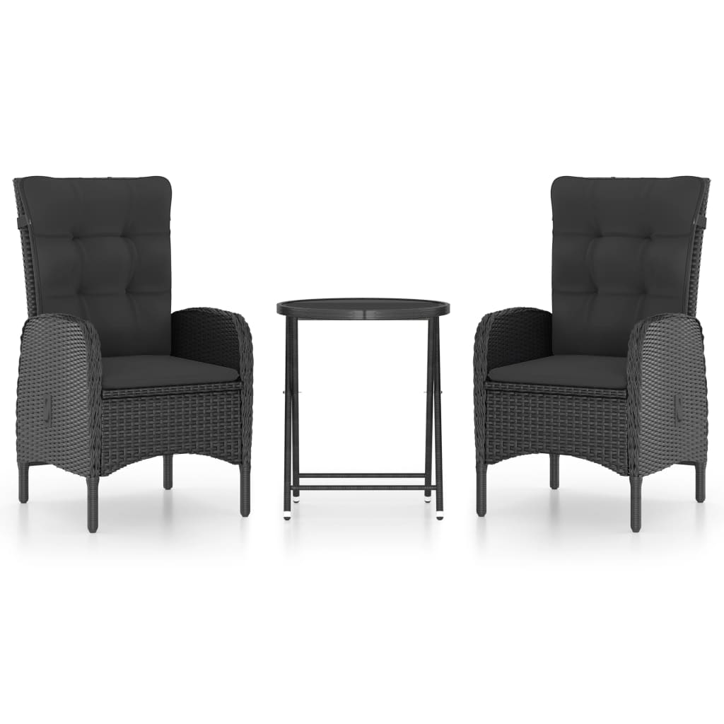3 Piece Garden Bistro Set Poly Rattan and Glass Black