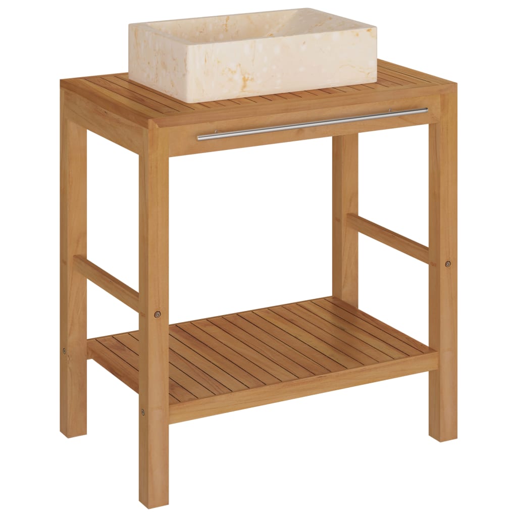 Bathroom Vanity Cabinet Solid Wood Teak with Sink Marble Cream