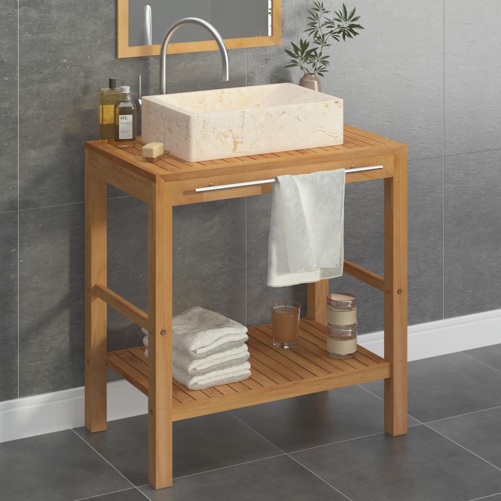 Bathroom Vanity Cabinet Solid Wood Teak with Sink Marble Cream