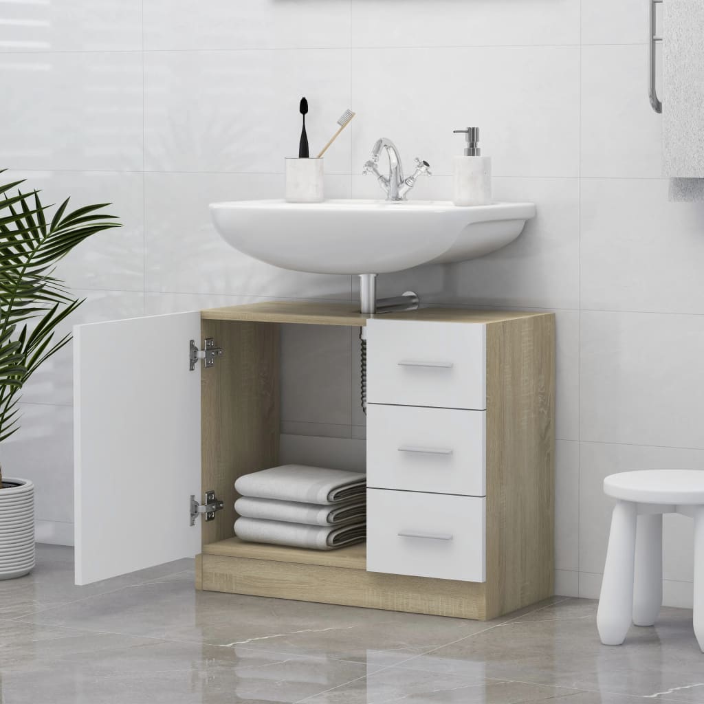 Sink Cabinet White and Sonoma Oak 63x30x54 cm Engineered Wood