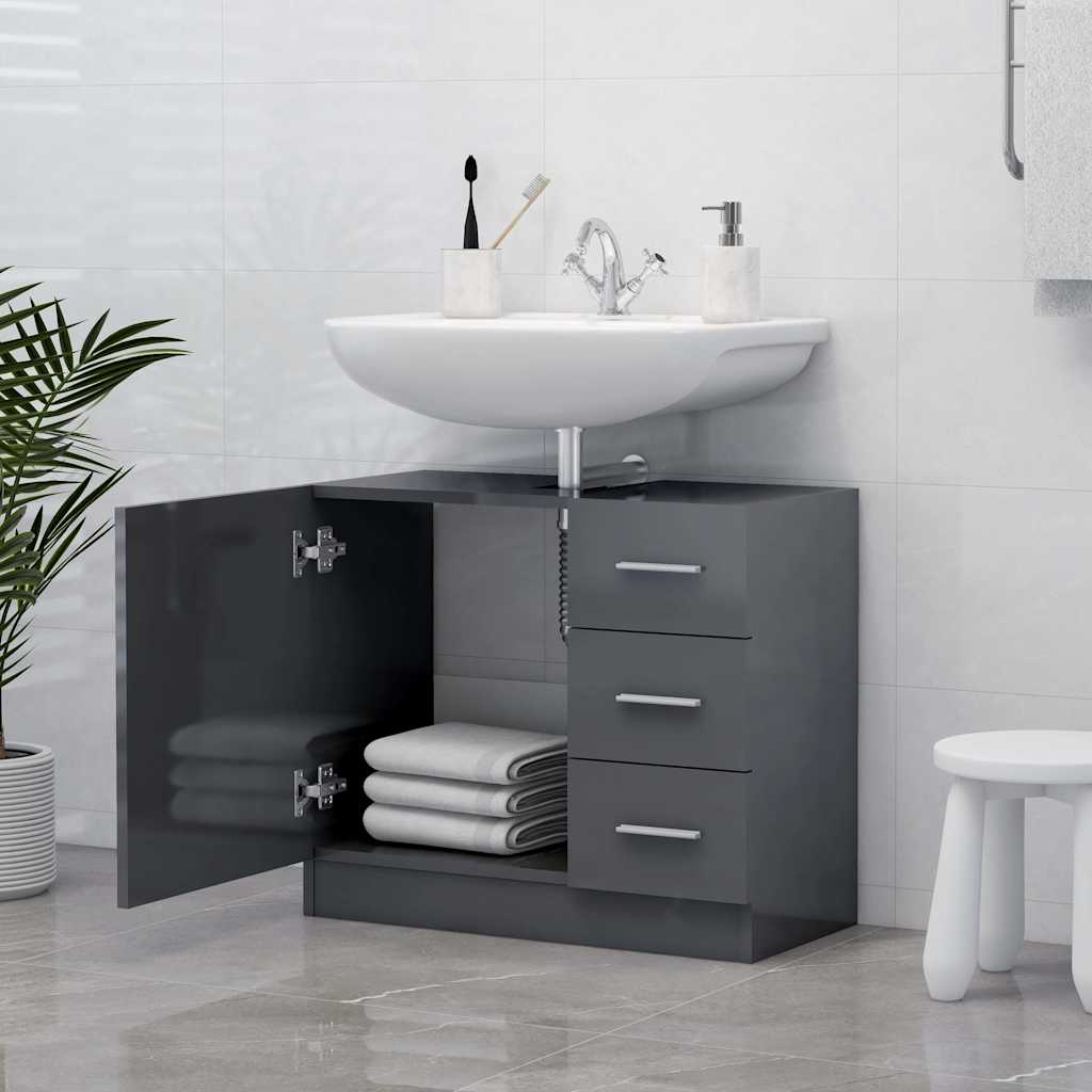 Sink Cabinet High Gloss Grey 63x30x54 cm Engineered Wood