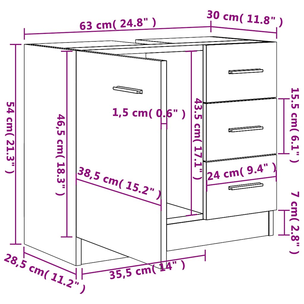 Sink Cabinet High Gloss Grey 63x30x54 cm Engineered Wood