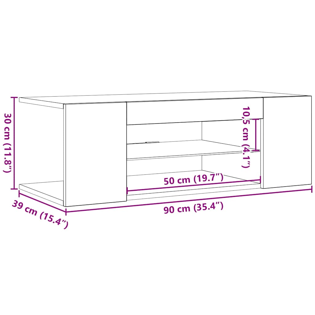 TV Cabinet with LED Lights High Gloss White 90x39x30 cm