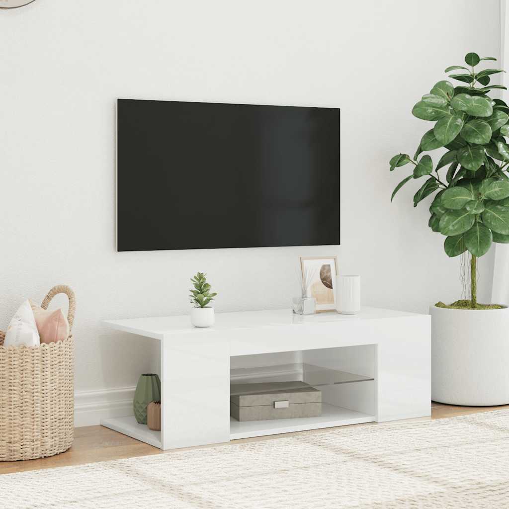 TV Cabinet with LED Lights High Gloss White 90x39x30 cm