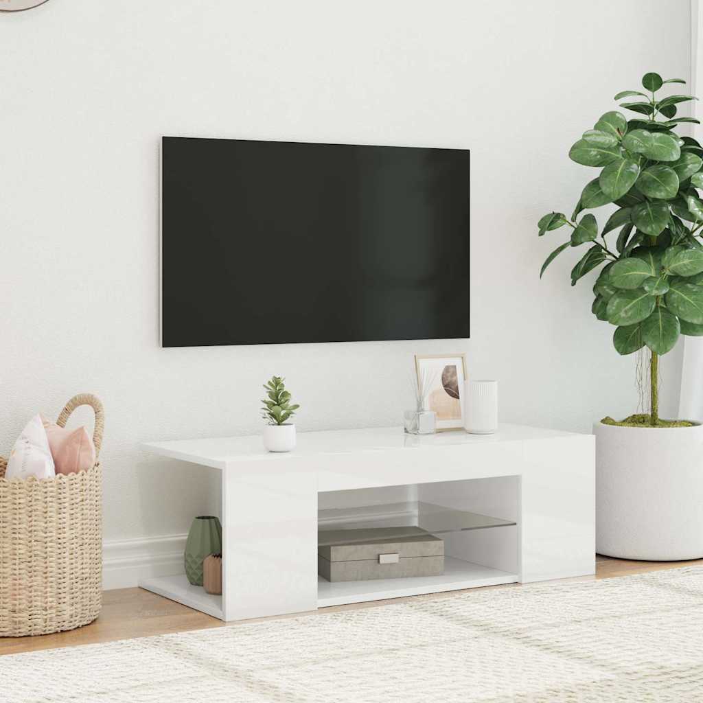 TV Cabinet with LED Lights High Gloss White 90x39x30 cm