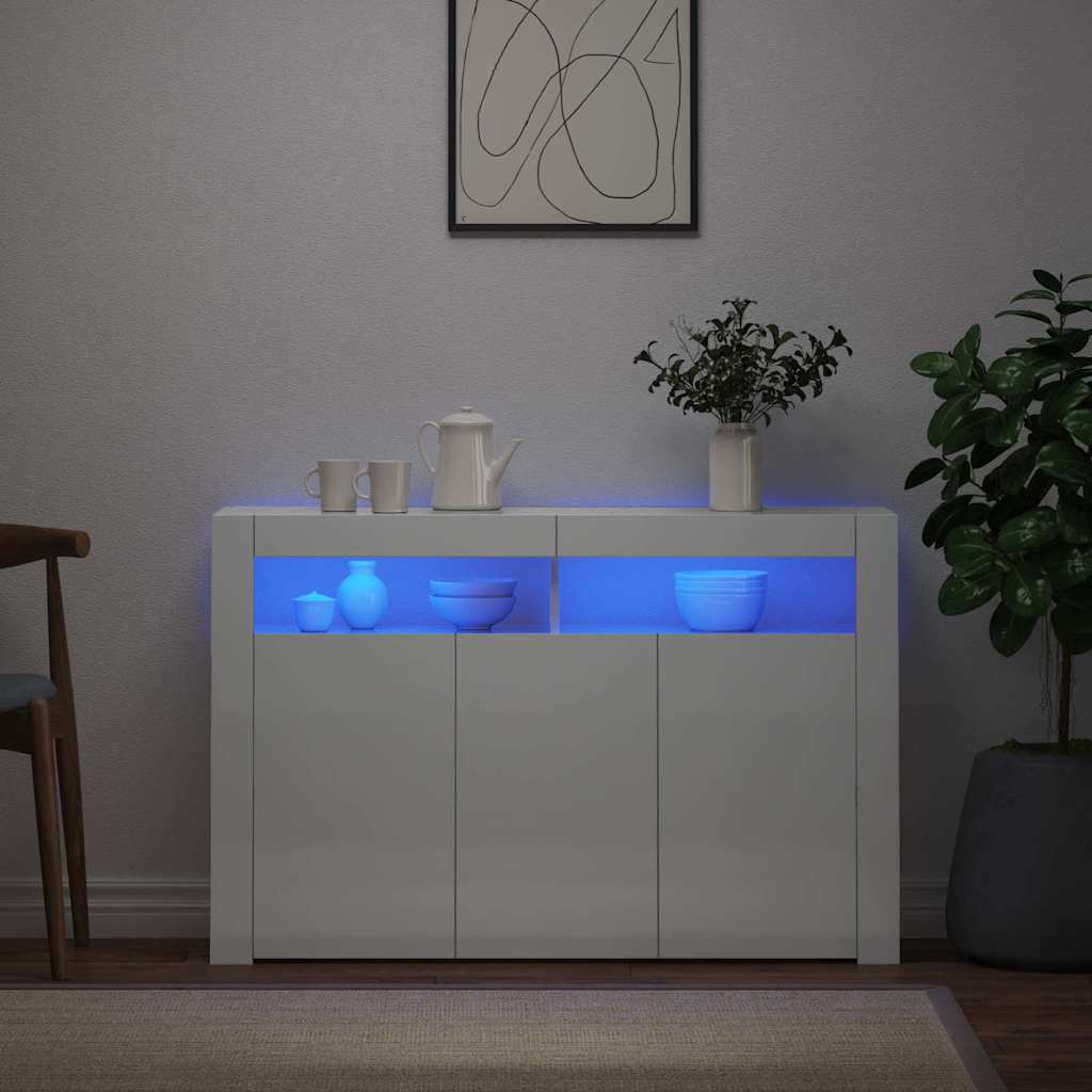 Sideboard with LED Lights High Gloss White 115.5x30x75 cm