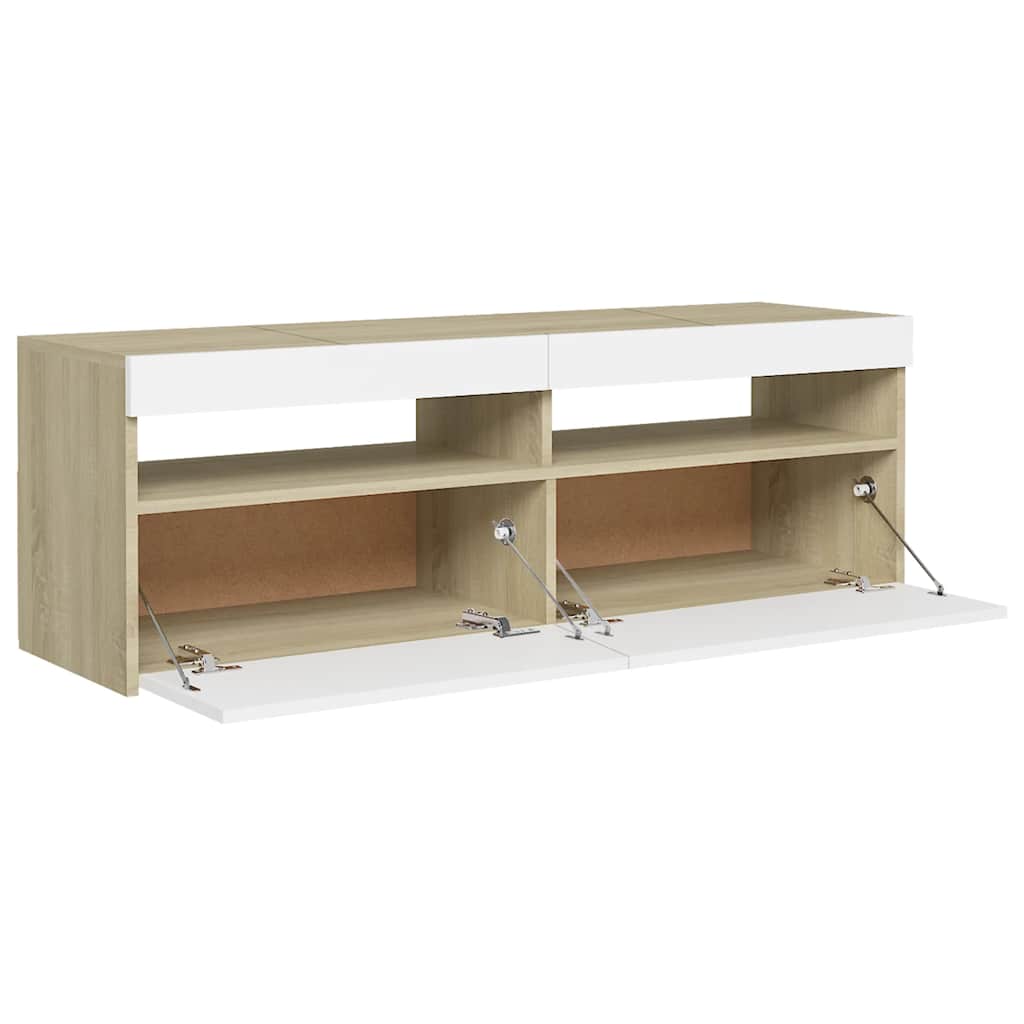 TV Cabinet with LED Lights White and Sonoma Oak 120x35x40 cm