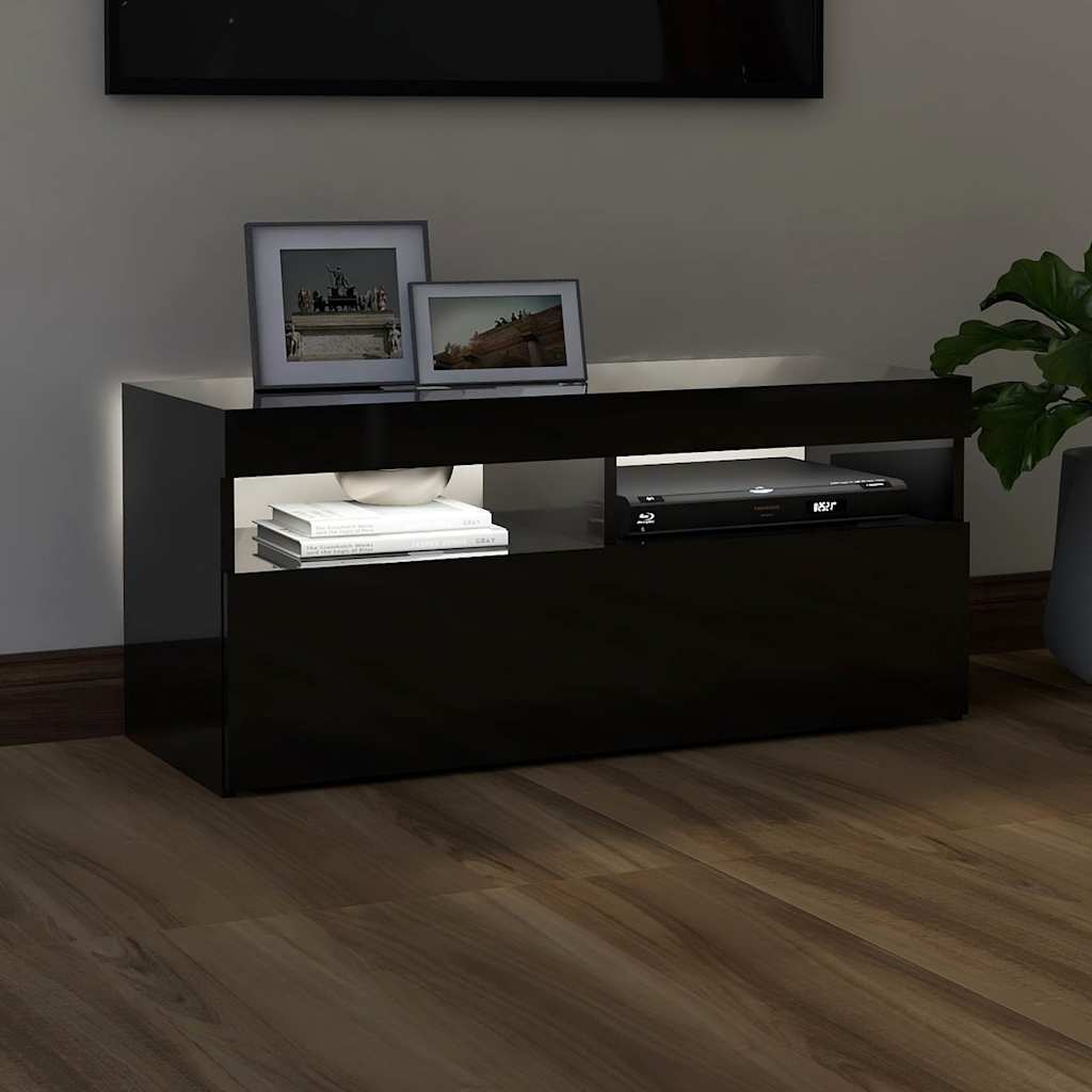 TV Cabinet with LED Lights High Gloss Black 90x35x40 cm