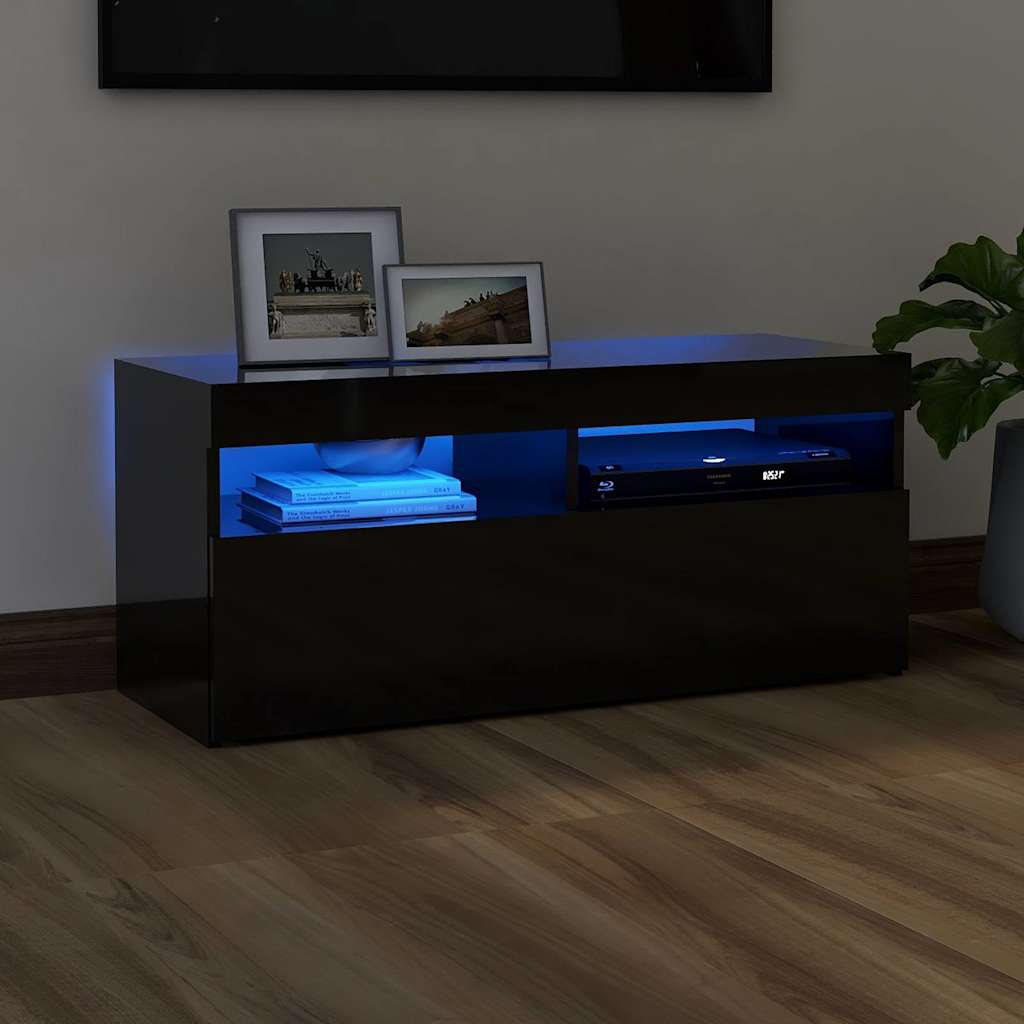 TV Cabinet with LED Lights High Gloss Black 90x35x40 cm