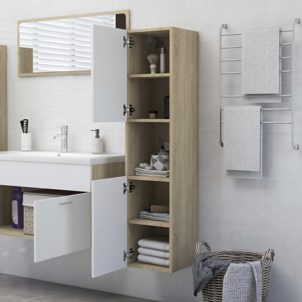 Bathroom Cabinet White and Sonoma Oak 30x30x130 cm Engineered Wood