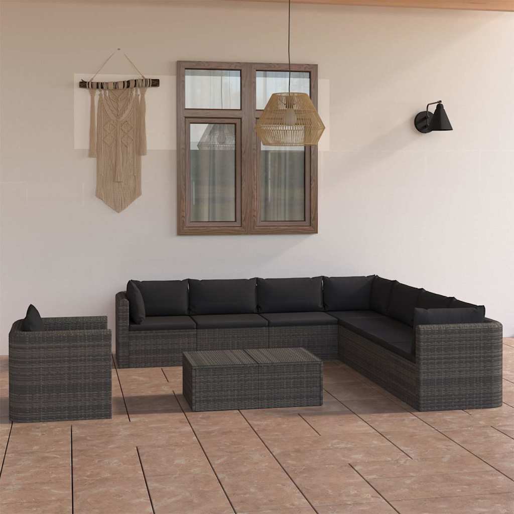 9 Piece Garden Lounge Set with Cushions Poly Rattan Grey