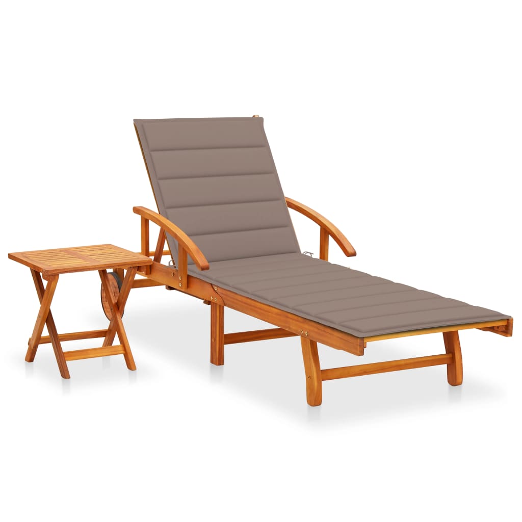 Garden Sun Lounger with Table and Cushion Solid Acacia Wood