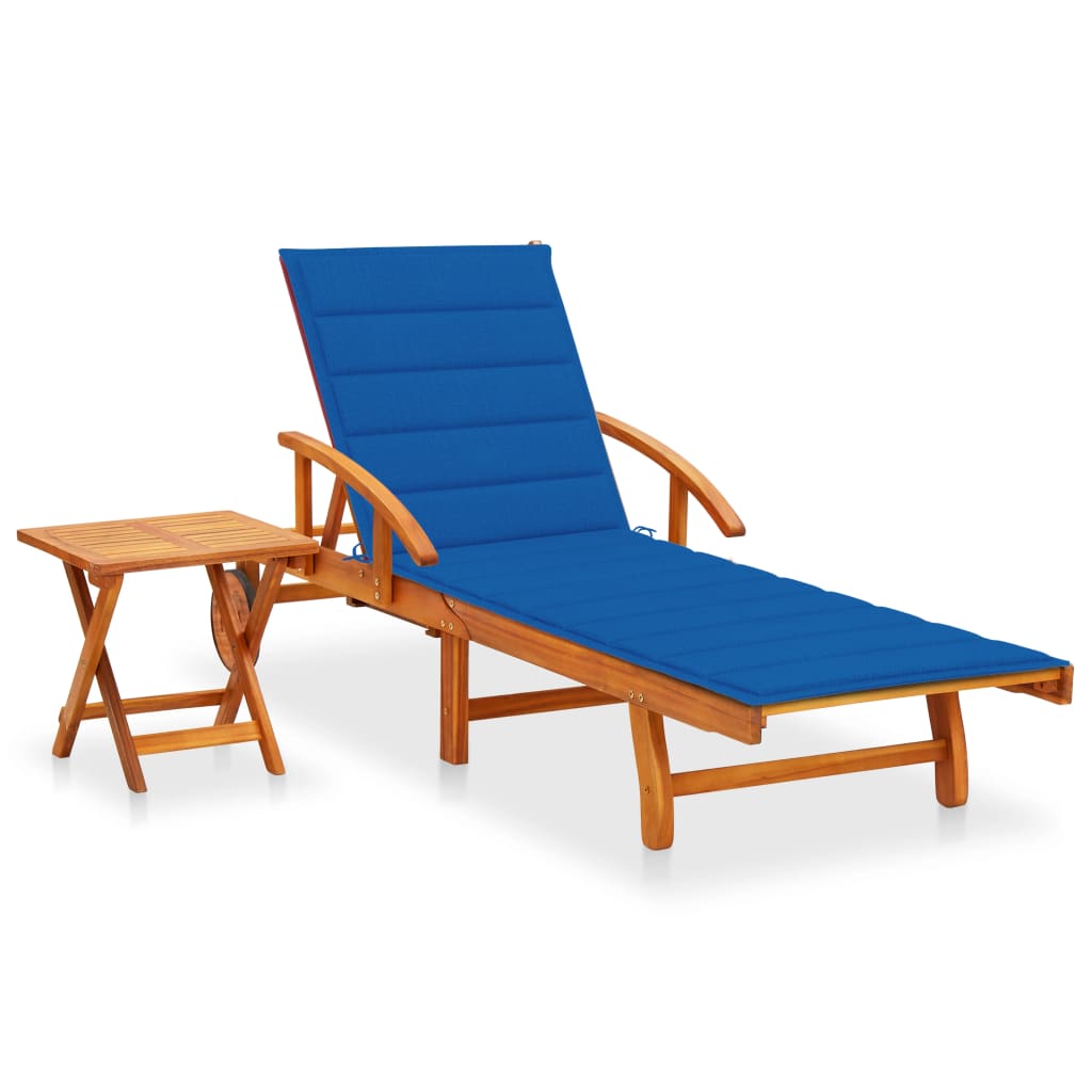 Garden Sun Lounger with Table and Cushion Solid Acacia Wood