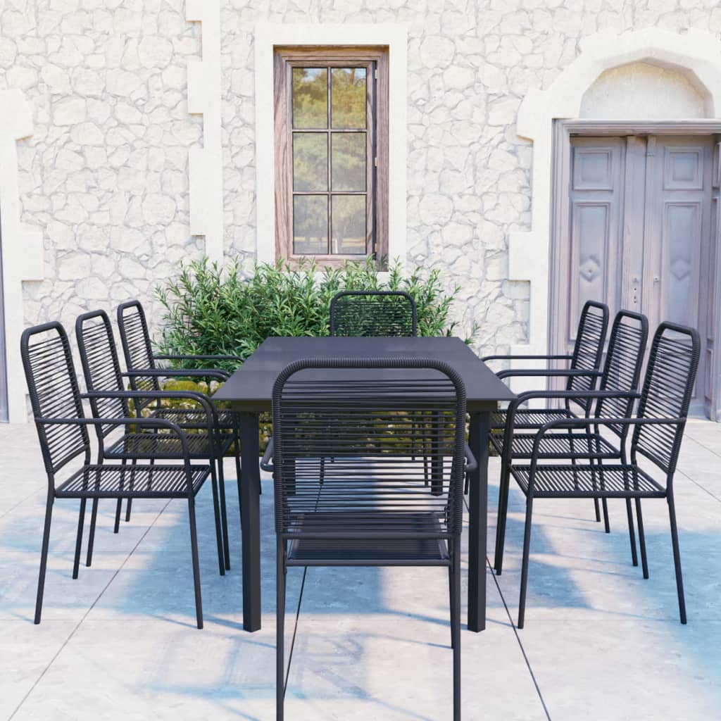 9 Piece Garden Dining Set Black Glass and Steel