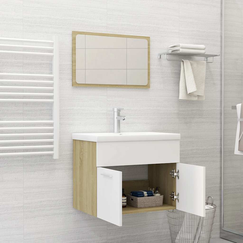 2 Piece Bathroom Furniture Set White and Sonoma Oak Engineered Wood