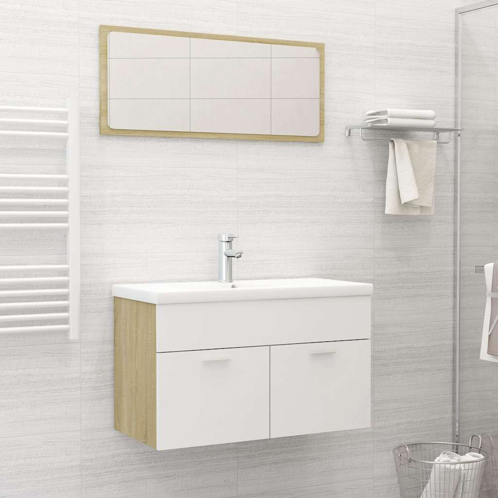 2 Piece Bathroom Furniture Set White and Sonoma Oak Engineered Wood