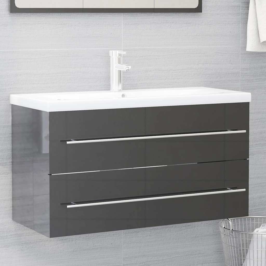 2 Piece Bathroom Furniture Set High Gloss Grey Engineered Wood