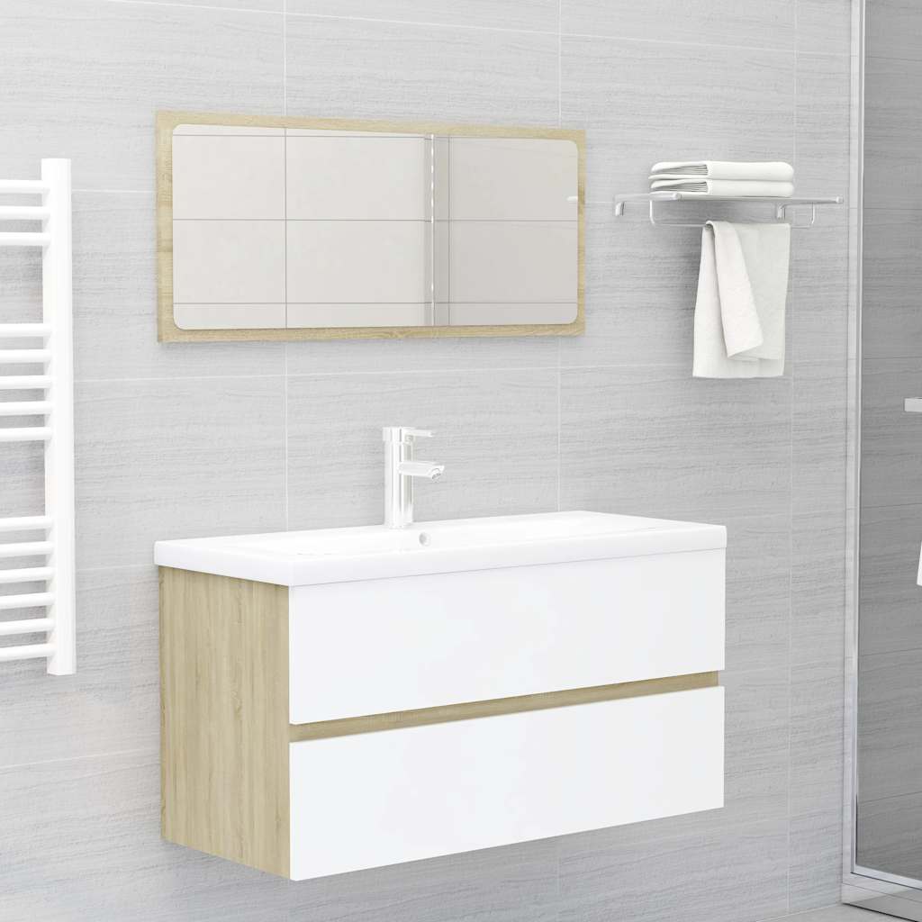 2 Piece Bathroom Furniture Set White and Sonoma Oak Engineered Wood