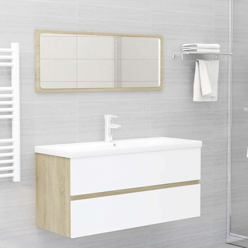 2 Piece Bathroom Furniture Set White and Sonoma Oak Engineered Wood