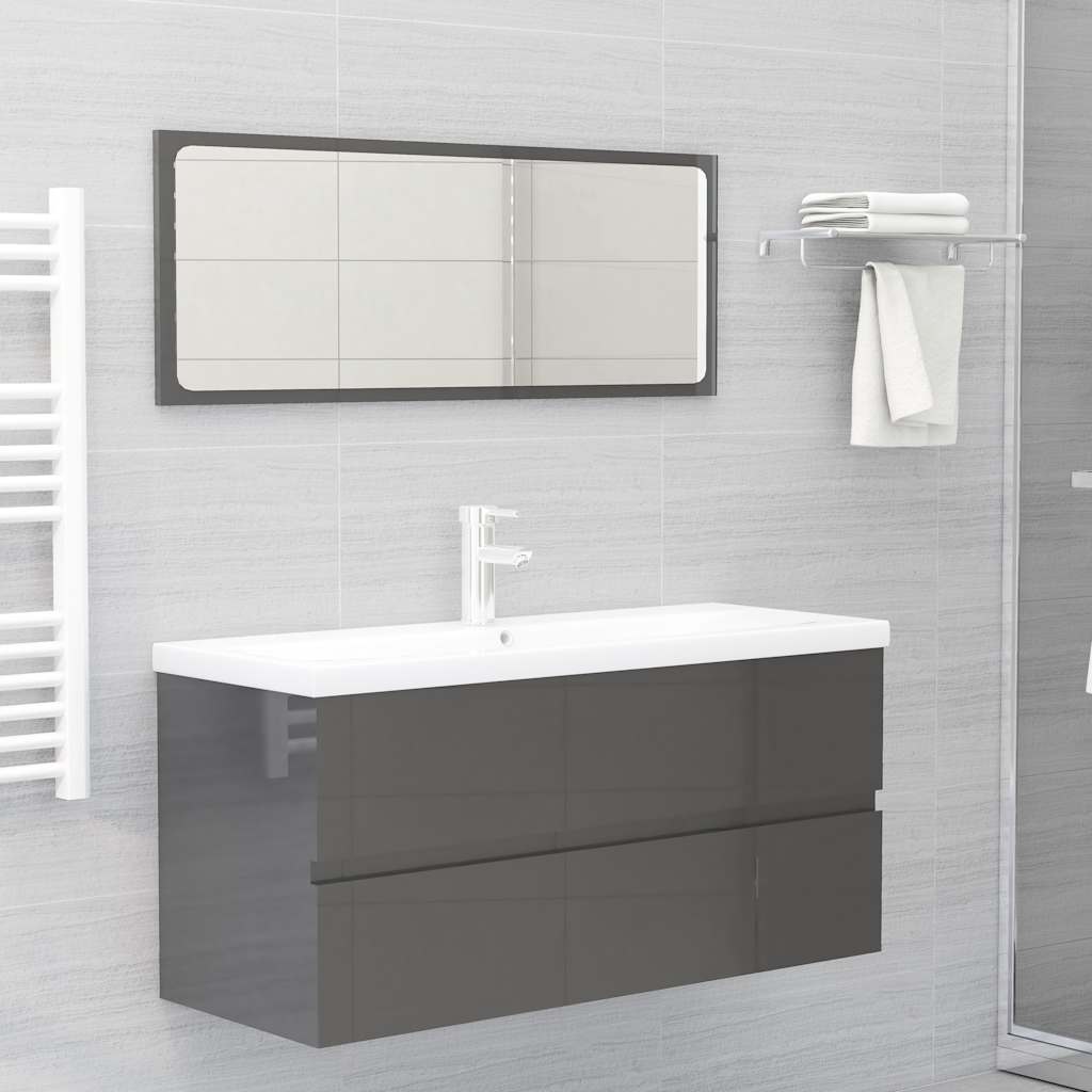 2 Piece Bathroom Furniture Set High Gloss Grey Engineered Wood
