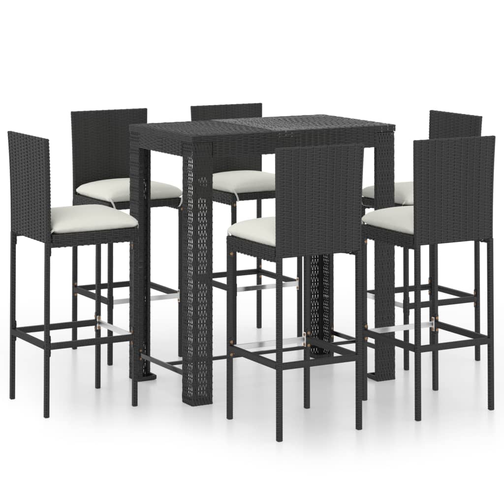 7 Piece Outdoor Bar Set with Cushions Poly Rattan Black
